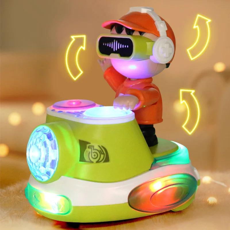 A lime green and white toddler dj car toy dj robot with orange headphones vr headset learning interactive toy lights