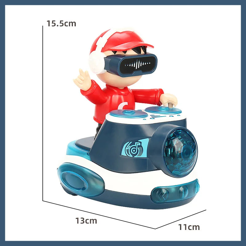 Red and white toddler dj car toy with headphones on blue futuristic music player featuring swing dancing learning lights