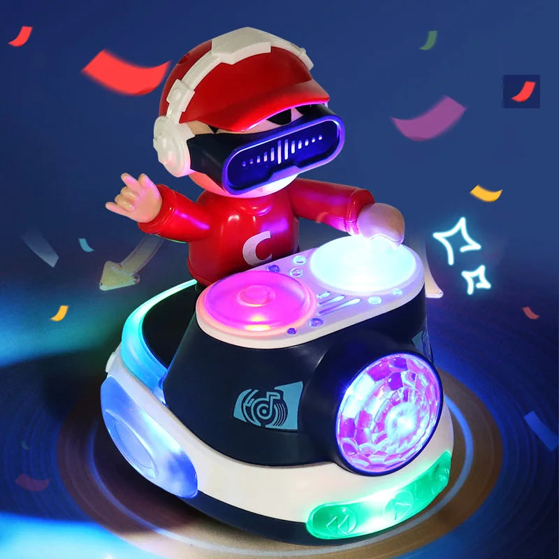 Red and white toddler DJ car electronic toy with glowing lights on turntable base for swing dancing learning and interactive play
