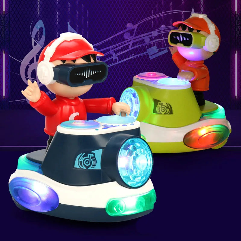 Two colorful illuminated toddler dj cars featuring cartoon characters with vr headsets for swing dancing learning interactive toy