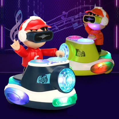 Two colorful illuminated toddler dj cars featuring cartoon characters with vr headsets for swing dancing learning interactive toy