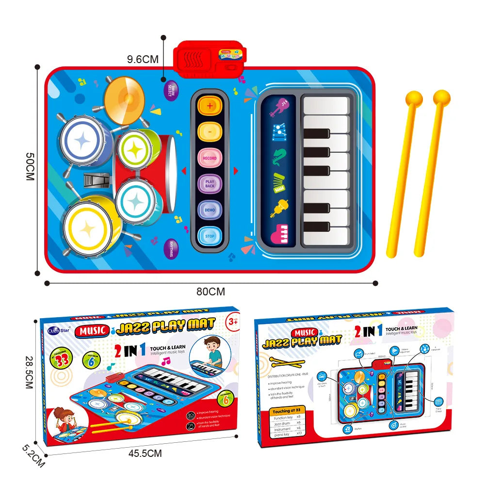 Blue and red toddler musical piano mat with floor keyboard drum pads and colorful buttons educational instruments sounds toy