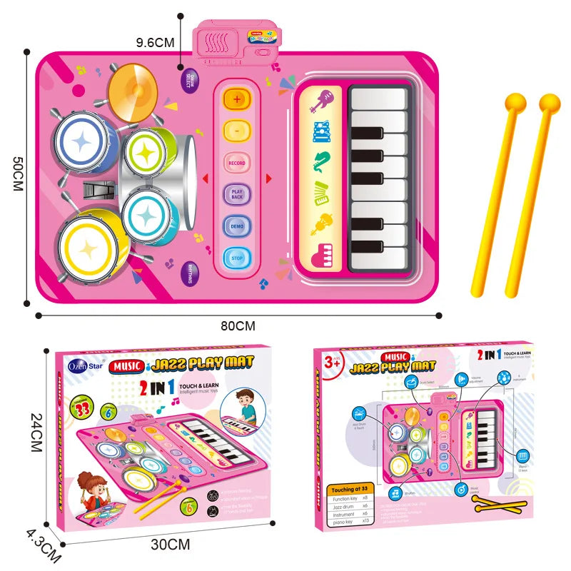 Pink 2-in-1 toddler musical piano play mat with colorful drum pads and floor keyboard drum instruments sounds toy