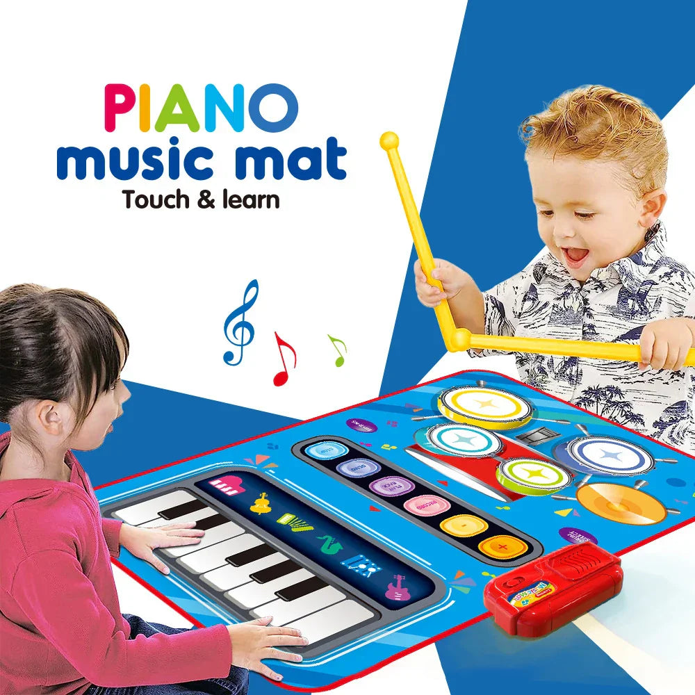 Blue toddler musical piano mat with colorful keys and drum pads for interactive floor keyboard drum play and instrument sounds toy