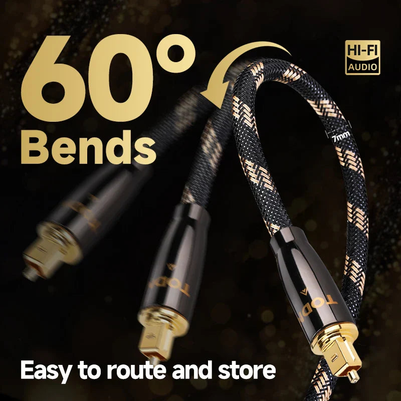 Black and gold braided todn hifi optical audio cable with 7mm diameter and durable connectors for digital fiber optical surround sound