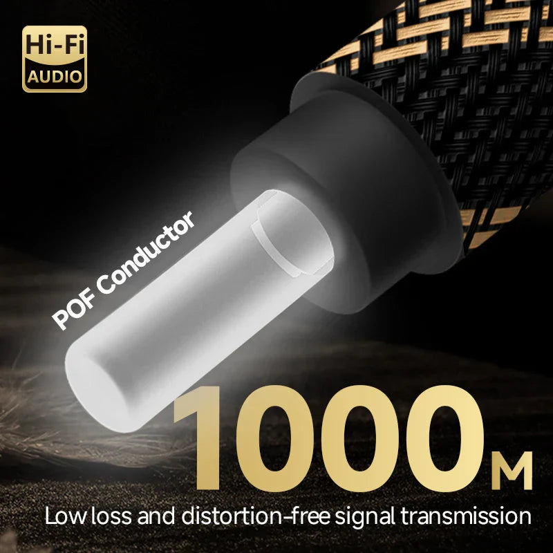 A sleek white pof conductor cable with black gold woven sheath for todn hifi optical digital fiber optical surround sound