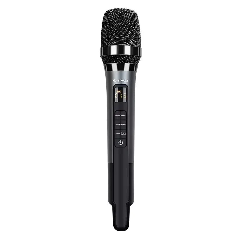 Black handheld wireless h20 live microphone with mesh grille silver band control buttons for bluetooth accompaniment karaoke sound card