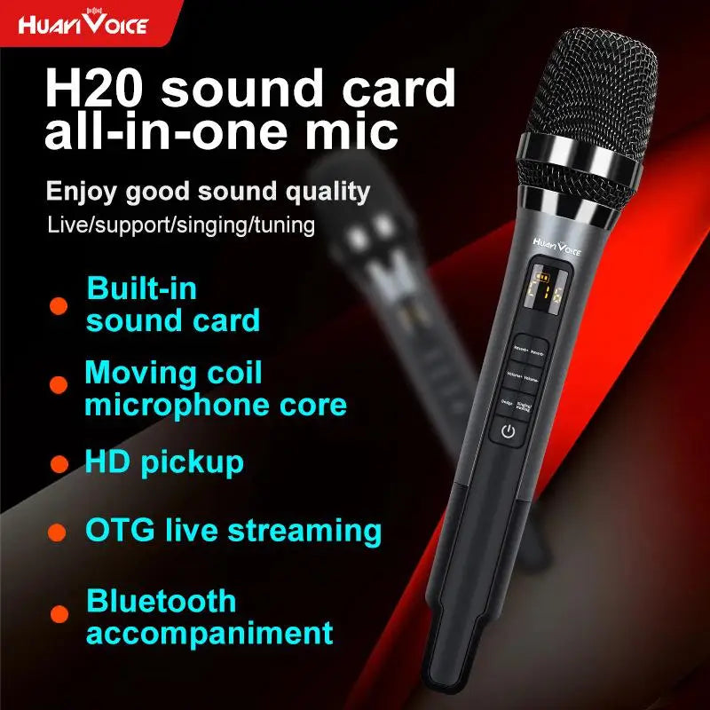 Black huayi voice h20 live microphone with metallic grille and control buttons bluetooth accompaniment microphone sound card karaoke