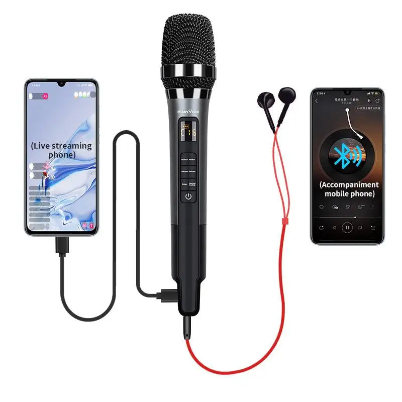 Black huanvoice h20 live microphone with mesh grille and control buttons bluetooth accompaniment microphone for karaoke sound card use
