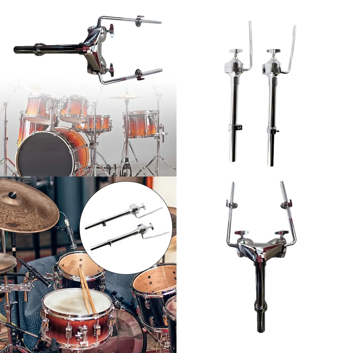 Chrome-finished tom drum stand with adjustable arms and central post, lightweight stable design for stable drummer loud performance