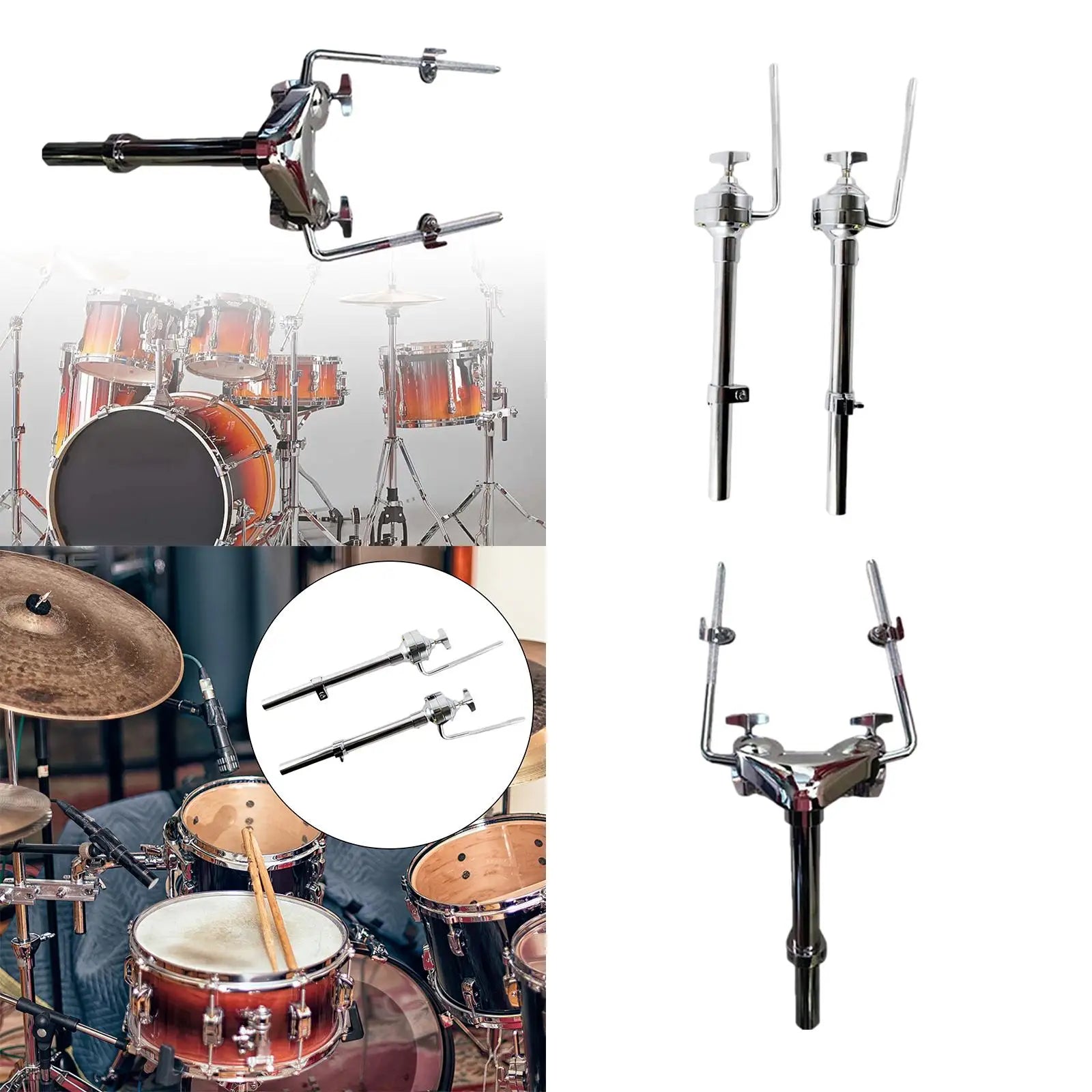 Chrome-finished tom drum stand with adjustable arms and central post, lightweight stable design for stable drummer loud performance