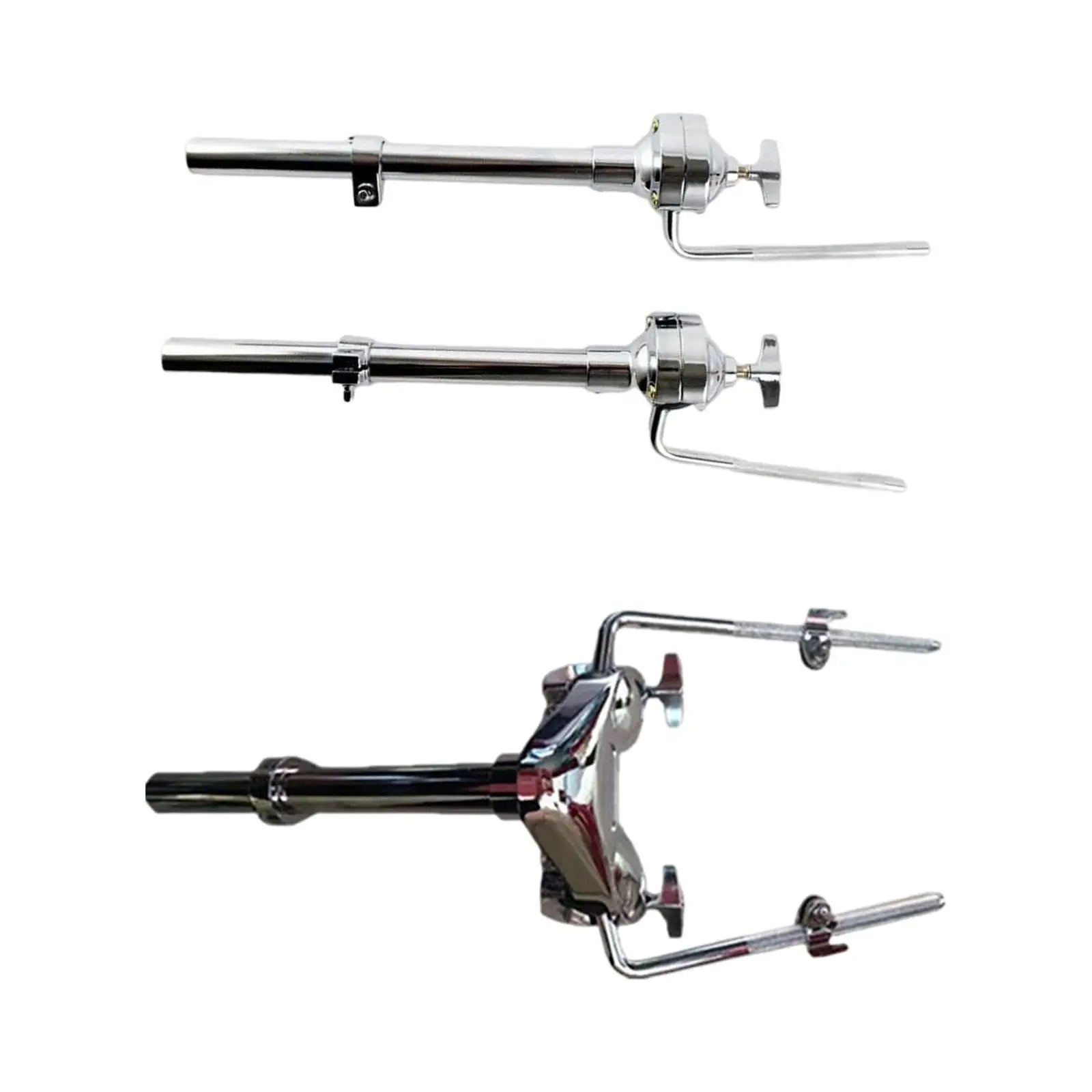 Chrome-finished tom drum stand with adjustable arms and clamps providing a stand lightweight stable for loud drummers