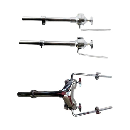 Chrome-finished tom drum stand with adjustable arms and clamps providing a stand lightweight stable for loud drummers