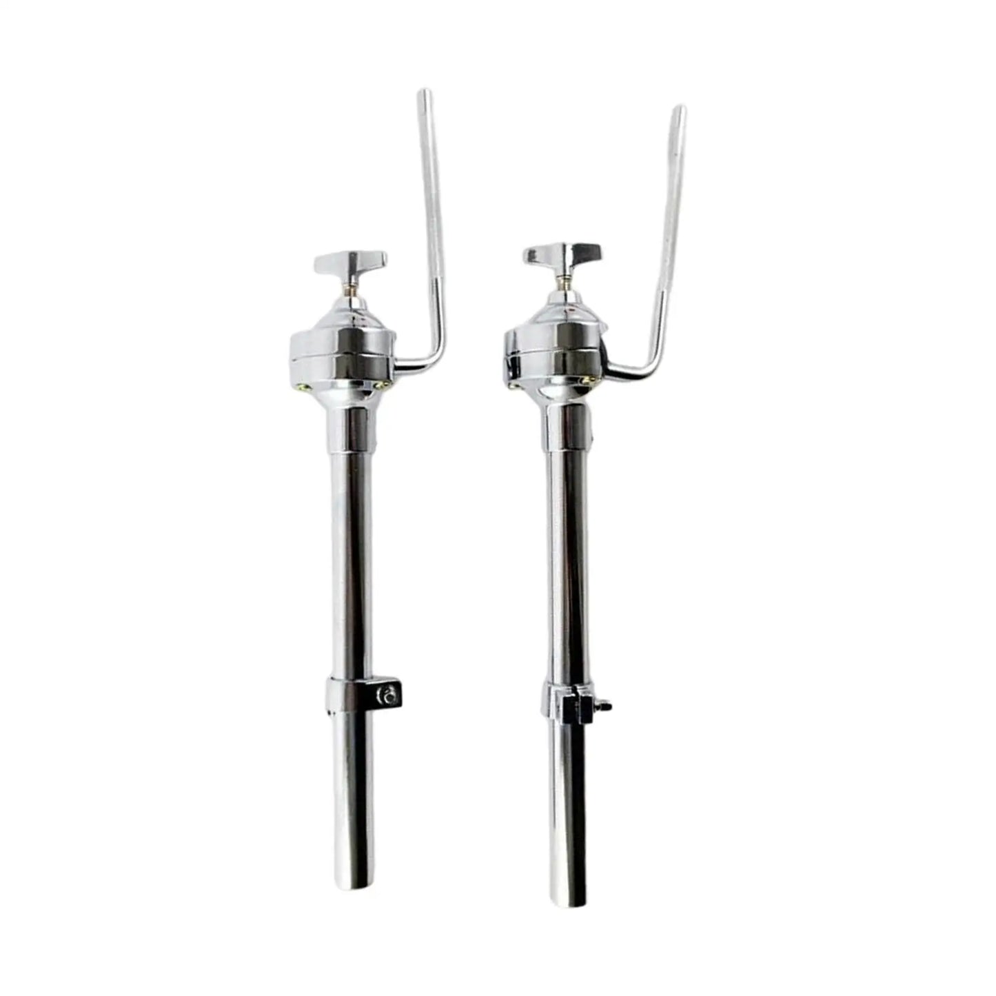Pair of chrome-finished tom drum stands with adjustable arms and threaded rods for a stand lightweight stable drummer loud