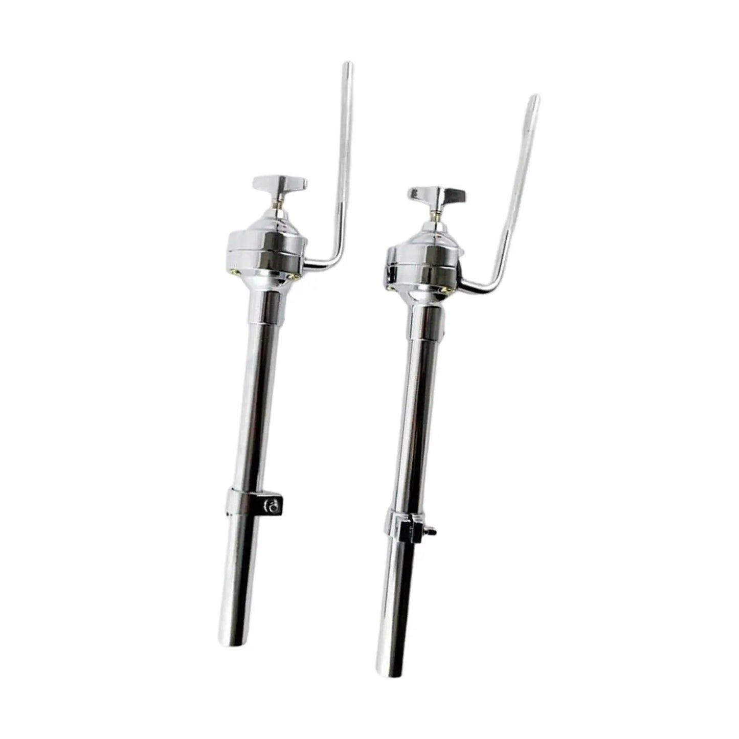 Pair of chrome-finished tom drum stands with adjustable height and swivel for stable drummer loud performance