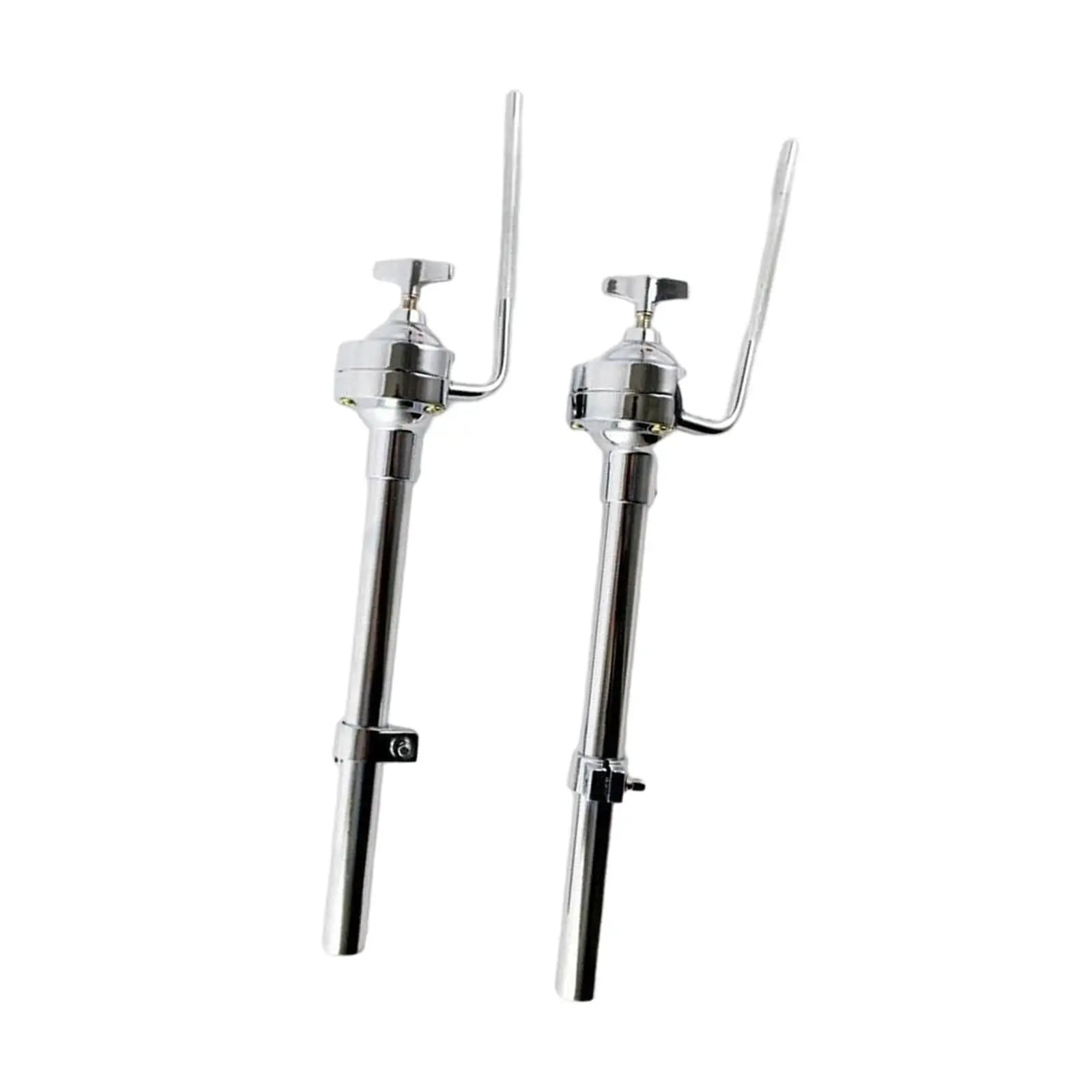 Pair of chrome-finished tom drum stands with adjustable height and swivel for stable drummer loud performance