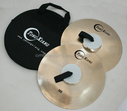 Gold-colored tongxiang handmade b20 14inch cymbals with black handles and white centers with branded carrying case