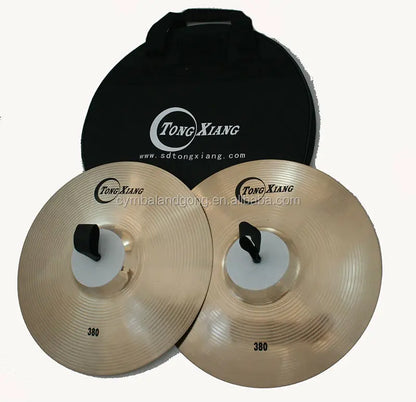 A pair of gold-colored tongxiang handmade b20 14inch cymbals with black handles and white centers for professional sound high use