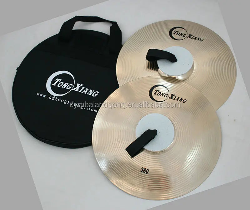 Pair of gold-colored tongxiang handmade b20 14inch cymbals with black handles and matching carrying case for professional sound high use