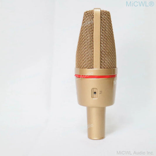 Gold-colored professional condenser microphone c7000 large diaphragm with mesh grille red accent and shock mount flight case