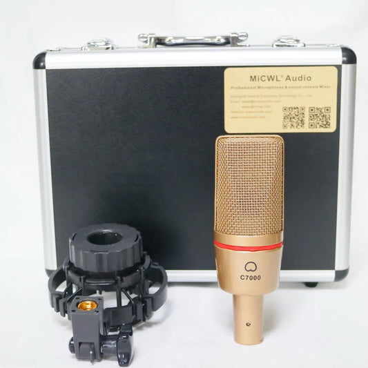 Gold-colored c7000 large diaphragm professional condenser microphone with red accent and shock mount flight case