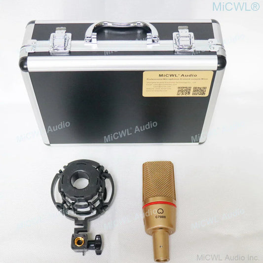 Gold-colored c7000 large diaphragm professional condenser microphone with red accent and shock mount flight case