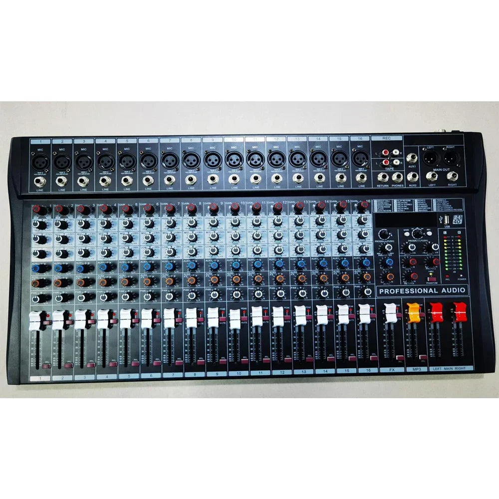 Top quality rx1600 black 16 channel stage performance studio sound audio mixer with colorful knobs and sliders