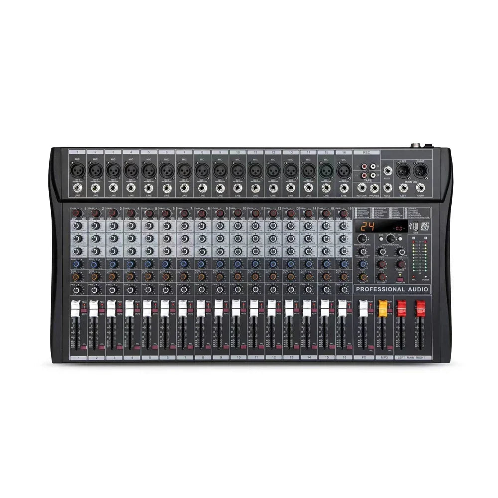 Black quality rx1600 16 channel stage performance studio sound audio mixer with multiple knobs and faders