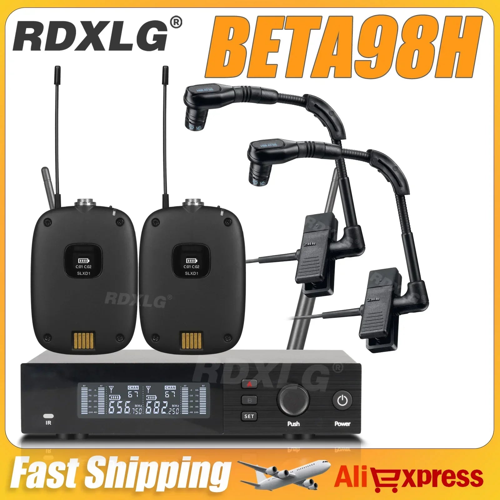 Black rdxlg beta98h professional wireless lavalier microphone system with two bodypacks and three gooseneck microphones for saxophone instruments slxd2