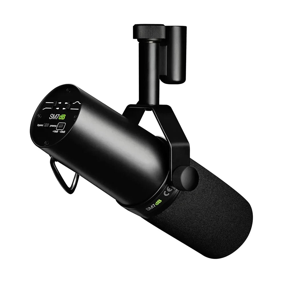 Black quality sm7db dynamic vocal microphone with matte finish foam windscreen and preamp selectable frequency for podcasting recording broadcasting