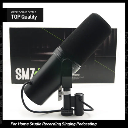 Black sm7db dynamic vocal microphone with foam windscreen and sturdy stand featuring preamp selectable frequency for podcasting recording broadcasting