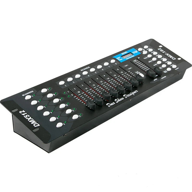 Black dmx-192 dmx controller stage with white buttons black knobs and blue screen console dj controller equipment fast