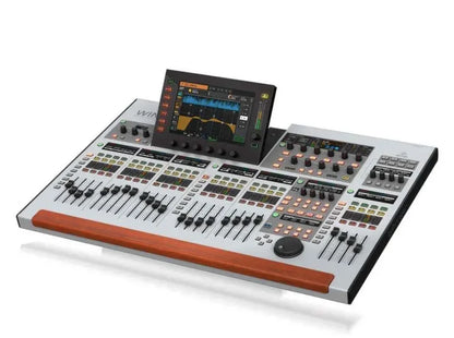 Silver and black behringer wing 48-channel digital mixer with touchscreen faders and knobs for type beat music control