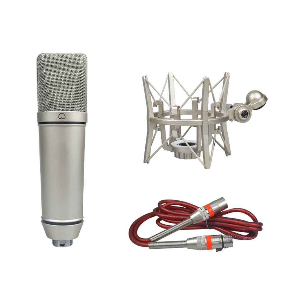Silver studio metal u87 condenser microphone with mesh grille and xlr cables for professional cardioid studio recording podcasting voice