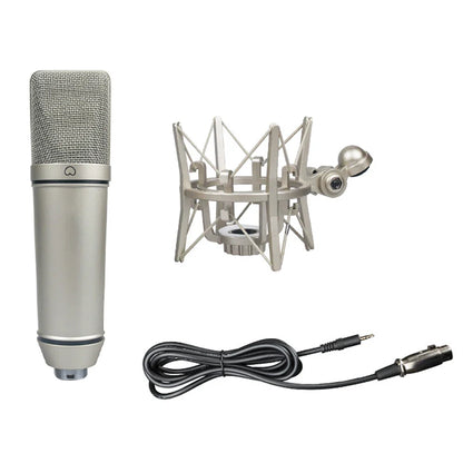 Silver studio metal u87 condenser microphone with mesh grille, shock mount, and xlr cable for recording podcasting voice