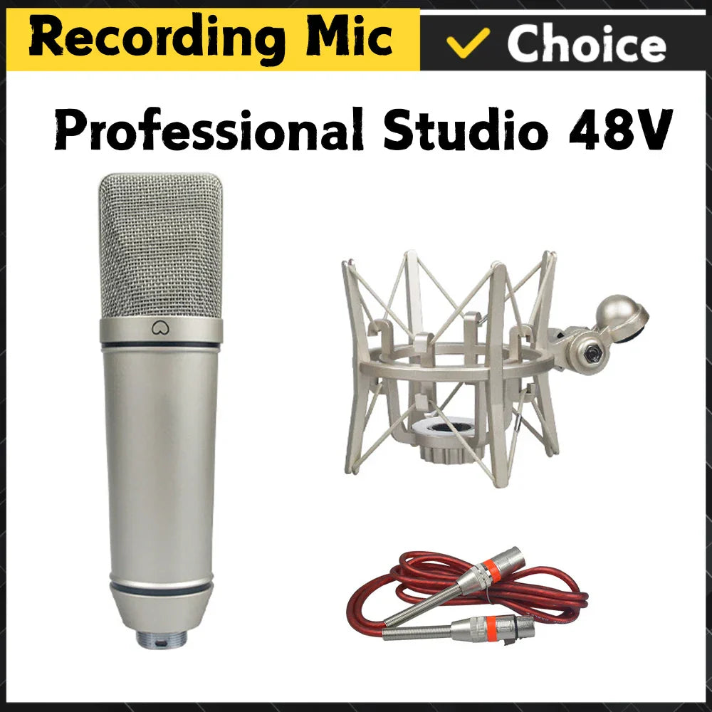 Silver studio metal u87 condenser microphone with mesh grille and xlr cable in professional cardioid studio packaging
