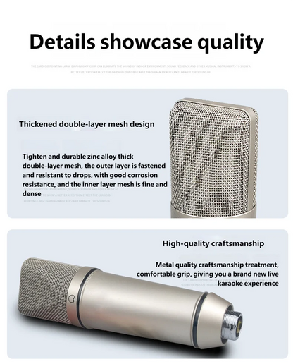 Silver studio metal u87 condenser microphone with thick double-layer mesh grille and metallic body for recording podcasting voice