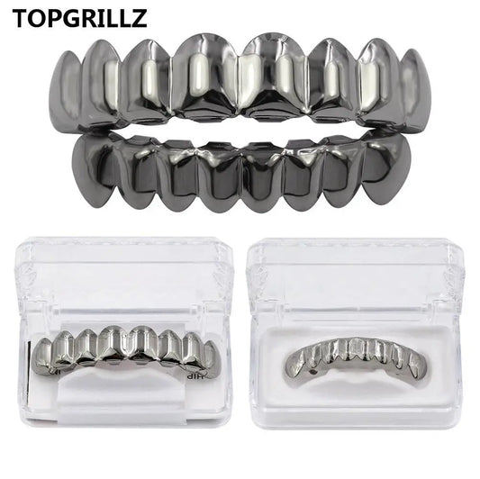 Shiny chrome-plated metal grillz set with bold jagged tooth design for cosplay party tooth and body jewelry punk style