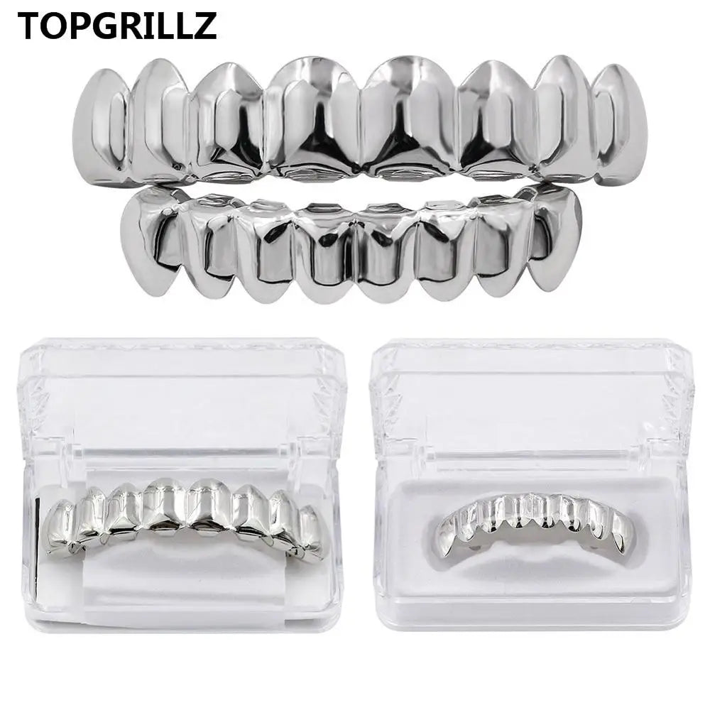 Shiny silver metallic grillz set with ridged textured design from topgrillz for body jewelry punk cosplay party tooth use