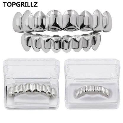 Shiny silver metallic grillz set with ridged textured design from topgrillz for body jewelry punk cosplay party tooth use