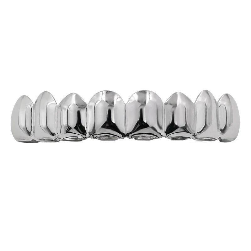 Shiny silver-plated grillz set with bold oversized design and reflective surface for cosplay party tooth body jewelry punk