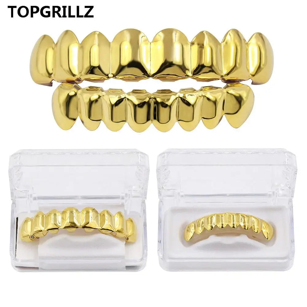 Gold-colored metallic grillz set gold with ridged tooth design for body jewelry punk and cosplay party tooth use