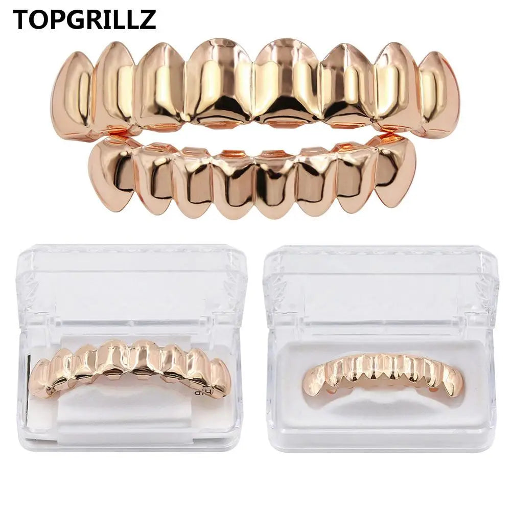 Gold-colored metallic grillz set with shiny ridged design for body jewelry punk cosplay party tooth use