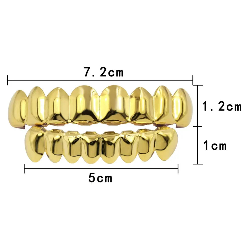 Topgrillz 8/8 gold grillz set with shiny metallic large teeth for body jewelry punk cosplay party tooth accessory