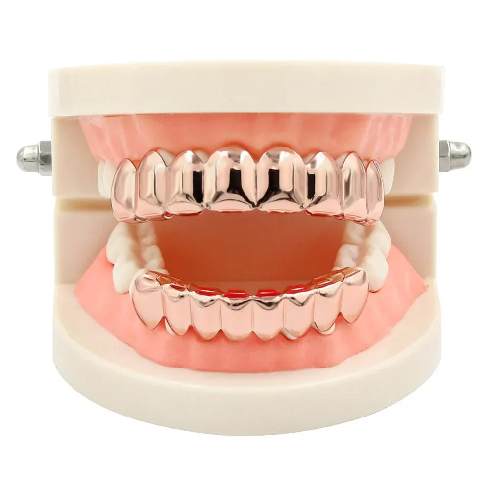 Rose gold-plated grillz set gold displayed on dental model for body jewelry punk cosplay party tooth accessory