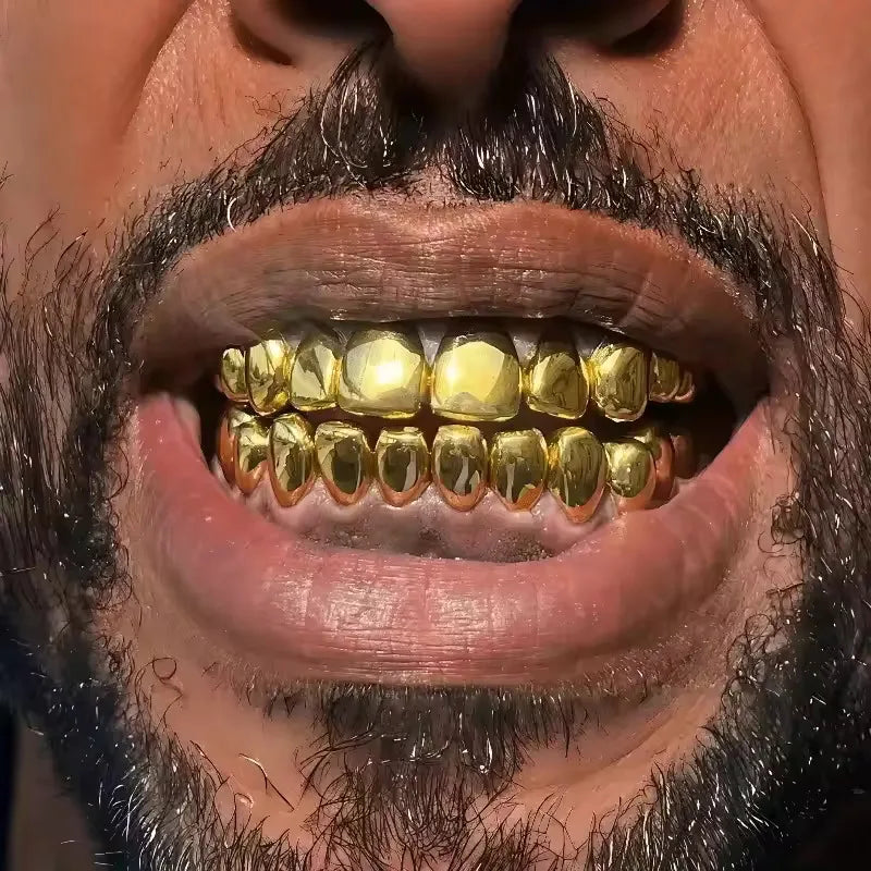 Shiny gold-plated grillz set gold with faceted diamond-like design for body jewelry punk cosplay party tooth use