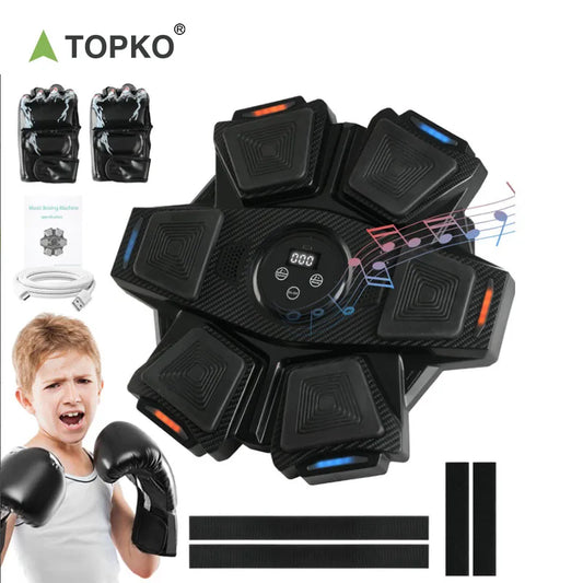 Black topko electronic boxing machine interactive punching trainer with carbon fiber texture and glowing led accents