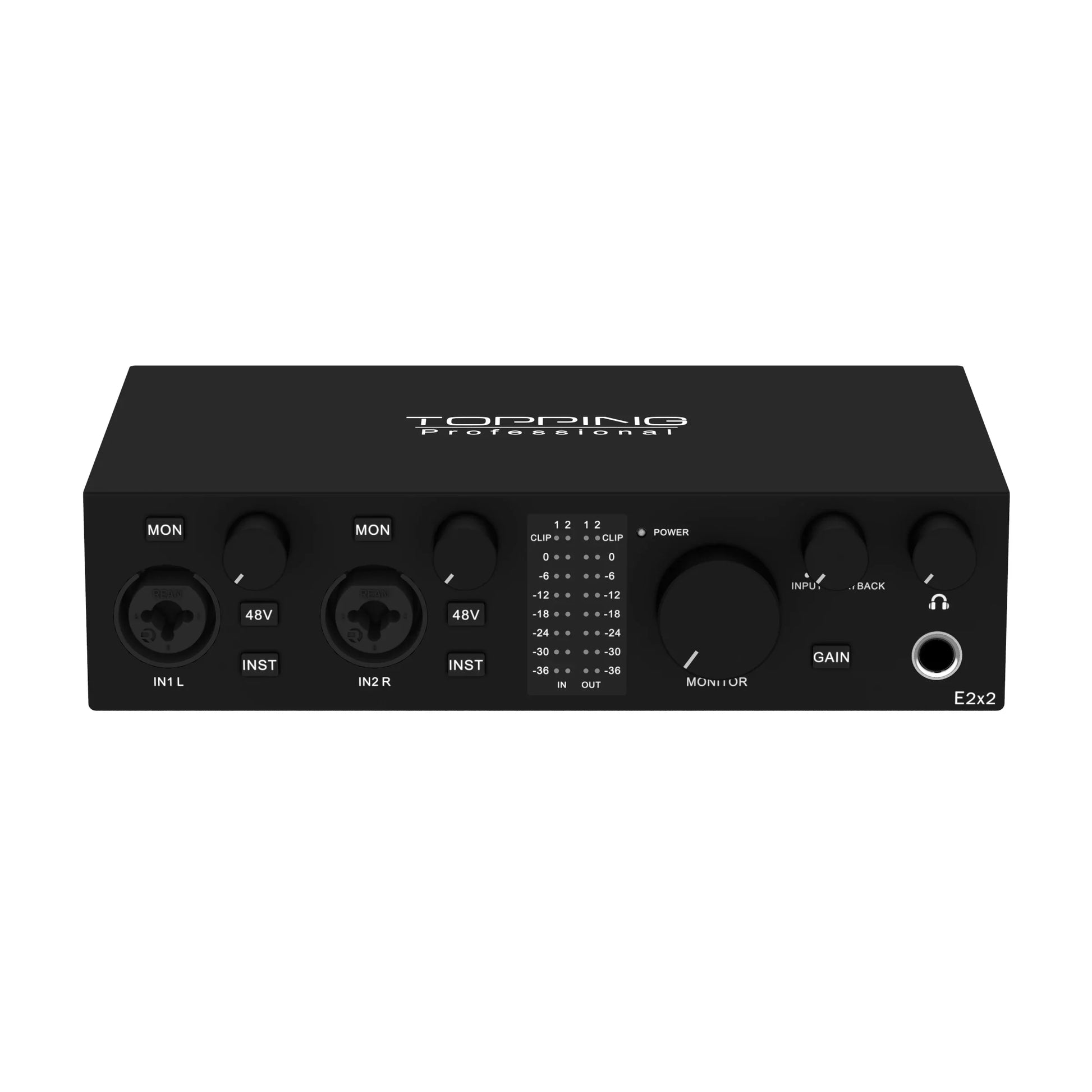 Black topping e2x2 professional audio interface with two XLR two 1/4 inch inputs central gain knob and headphone output