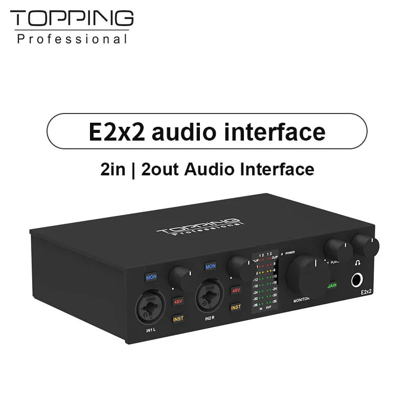 Black topping e2x2 professional audio interface with 2in 2out connectivity and illuminated control knobs for live streaming