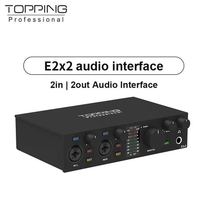 Black topping e2x2 professional audio interface with 2in 2out connectivity and illuminated control knobs for live streaming